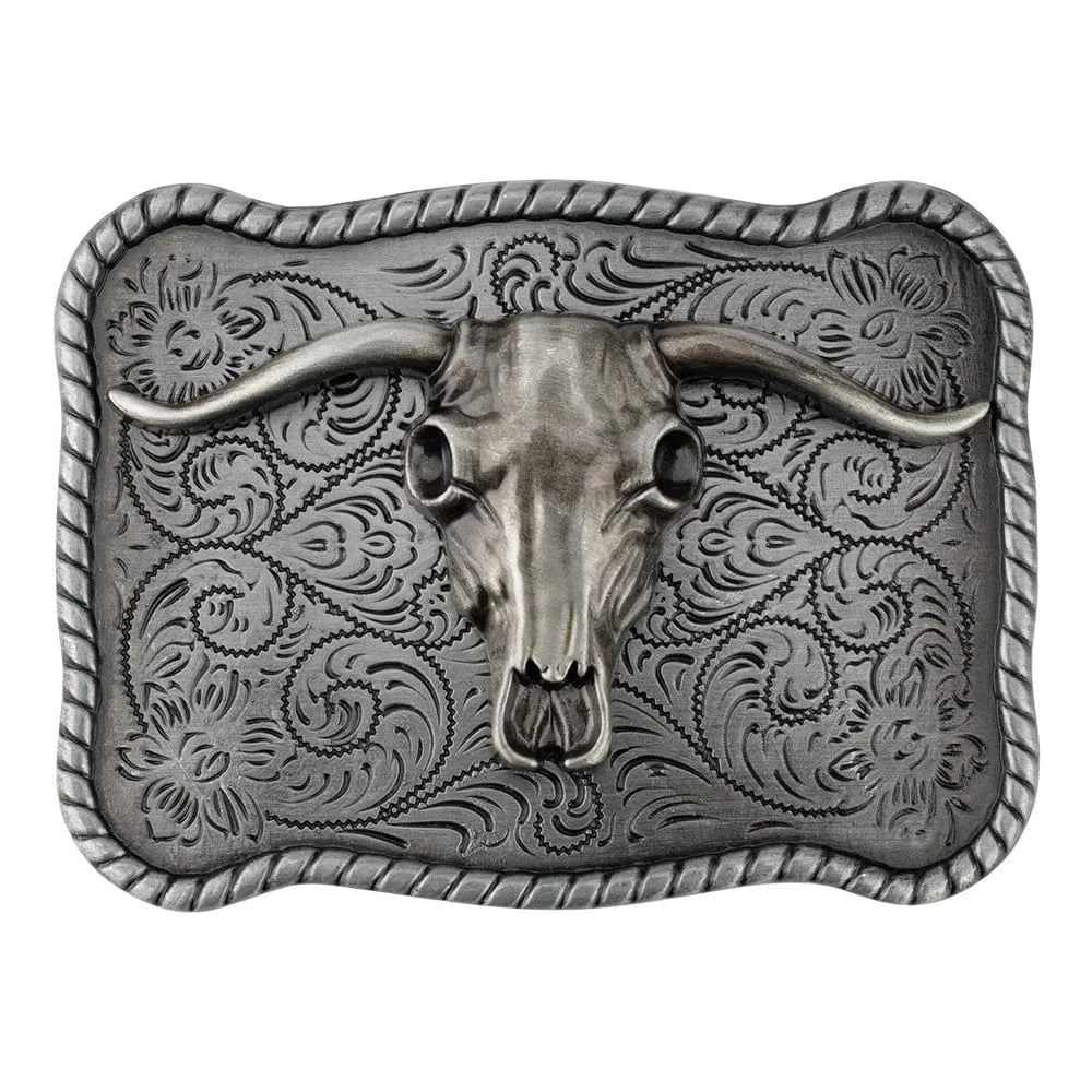 Bältesspänne western stil med tjur huvud antik silver finish Longhornskalle