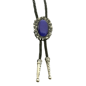 Bolo tie i äkta läder med vintageblomma och steninfattning Mörk lila