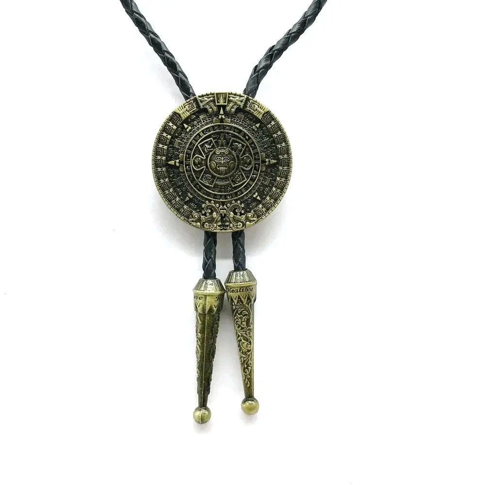 Bolo tie i aztekisk design med genuint läder Brons