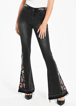 Broderade svarta flare jeans med blommönster Svart / EU 38 ( L )