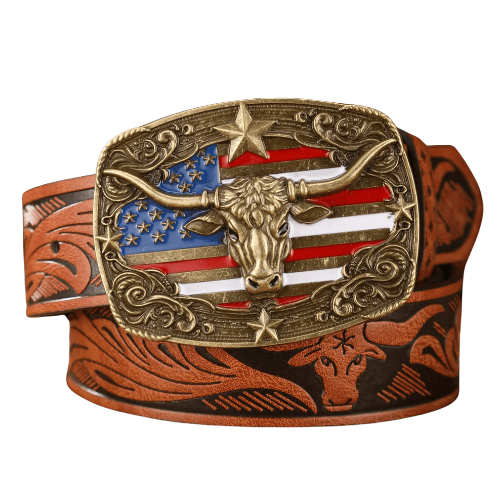 Cowboybälte med amerikansk flagga och Tjurspänne Guld brun / 120cm