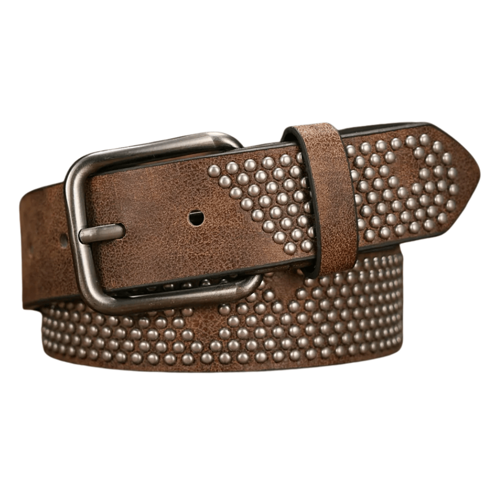 Cowboyläderbälte med Nitmönster Ljusbrun Silver / 120cm