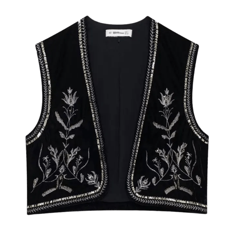 Elegant Broderad Väst i Svart Svart / XS