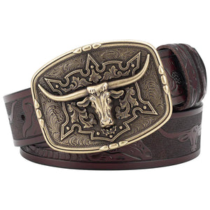 Läderbälte western longhornspänne Brons Mörkbrun / 95cm