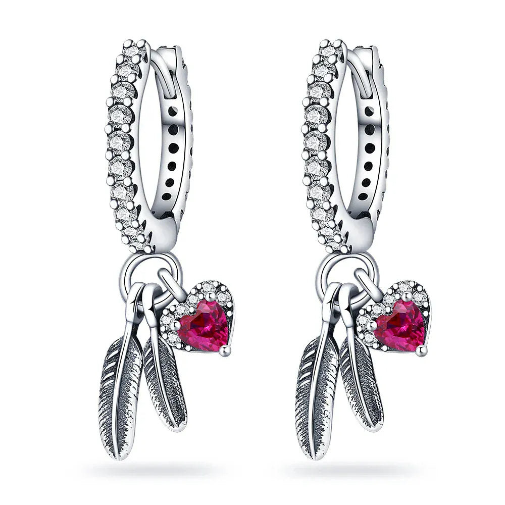 Silver Feather and Heart Earrings