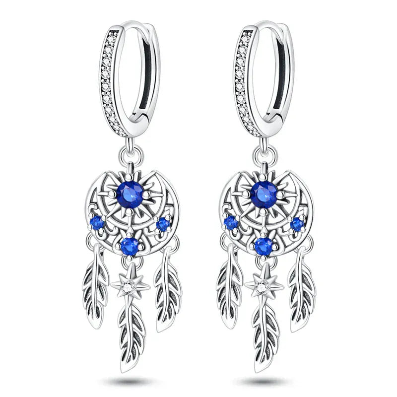 Blue Dreamcatcher Silver Earrings