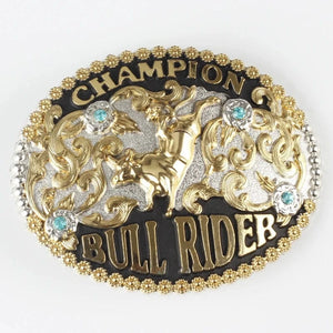 Rodeo Champion Bältesspänne "Bull Rider" med Turkos Strass Guld och silver