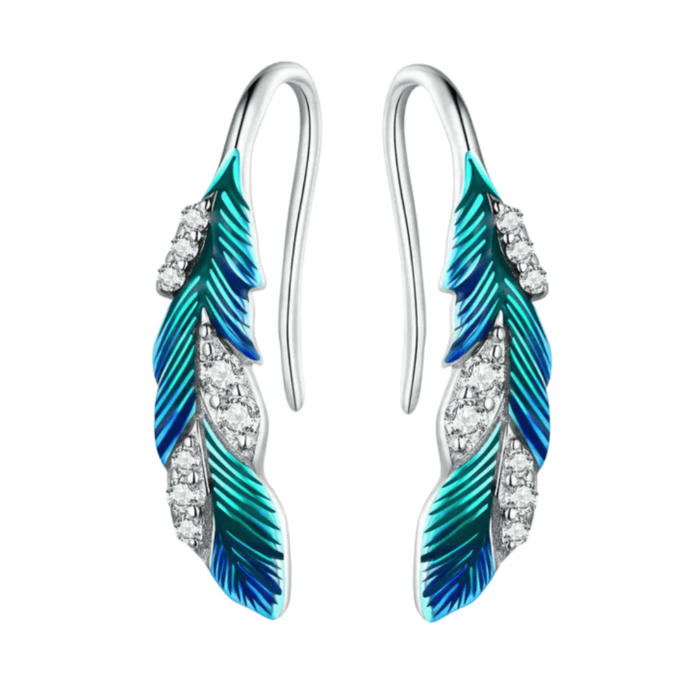 Blue Feather Silver Drop Earrings