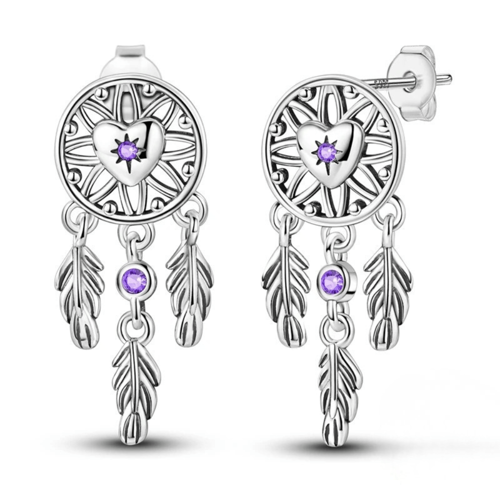 Sterling Silver Dreamcatcher Earrings, Purple Stone
