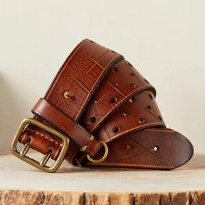 Vintageinspirerat westernbälte i äkta läder med robust dubbelspänne