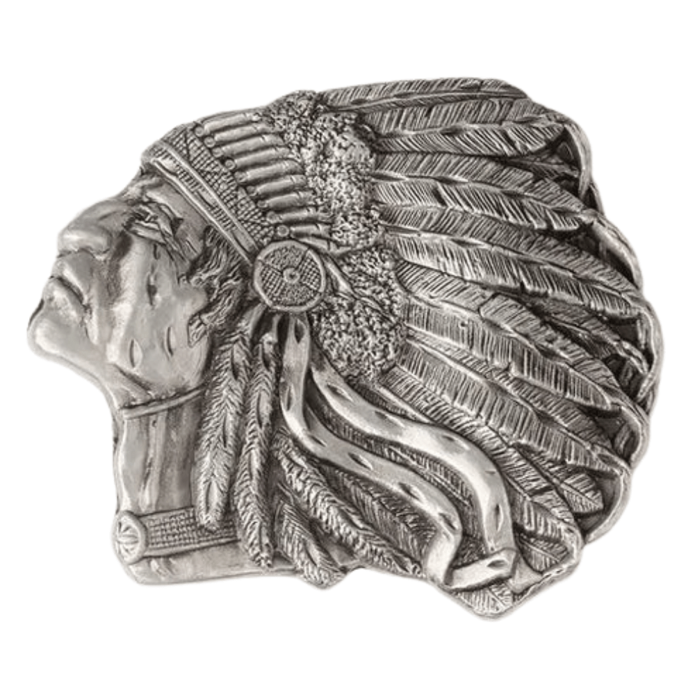 Western Bältesspänne Indianhövding Detaljerad Fjäderskrud Silver
