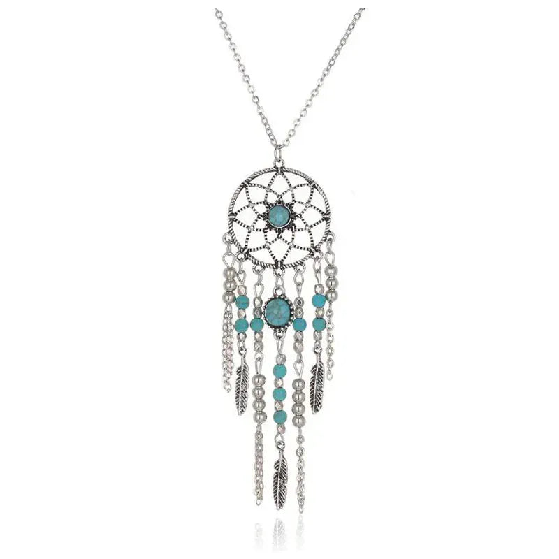 2016 New Bohemia Style Retro Tassel Feathers Turquesa Pendant Necklace  78cm Dream catcher Sweater Necklaces For Women Girl