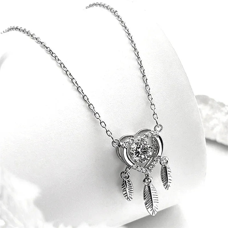 925 Sterling Silver Heart Chain Women Girls Feather Tassel Rhinestone Clavicle Choker Necklace Wedding Birthday Jewelry Gifts A
