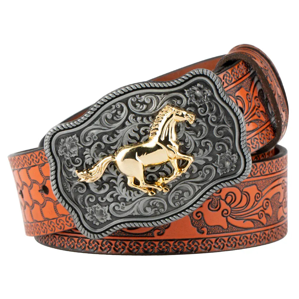 Äkta cowboyläderbälte hästmotiv Orange Häst / 95cm