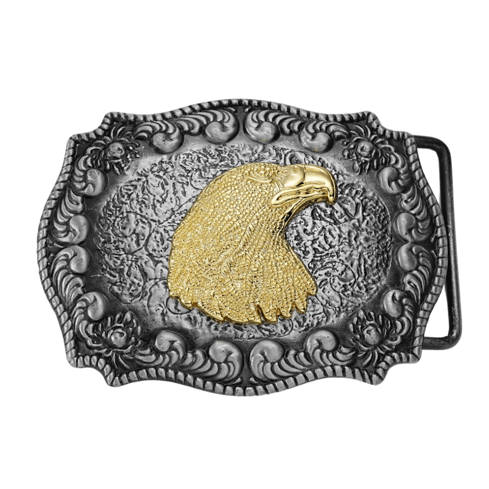 Bältespänne med guldfärgade westernmotiv Hökhuvud