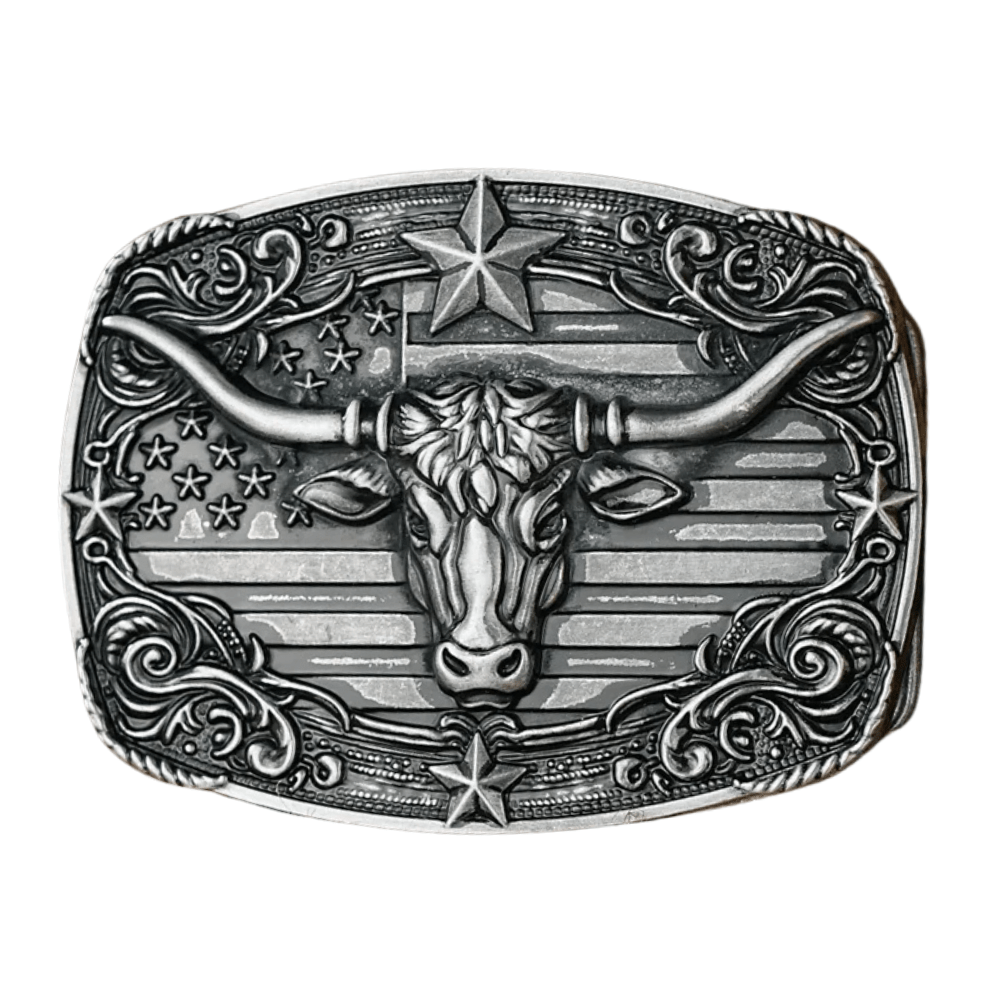 Bältespänne med tjurhuvud och USA-flagga i westernstil Silver