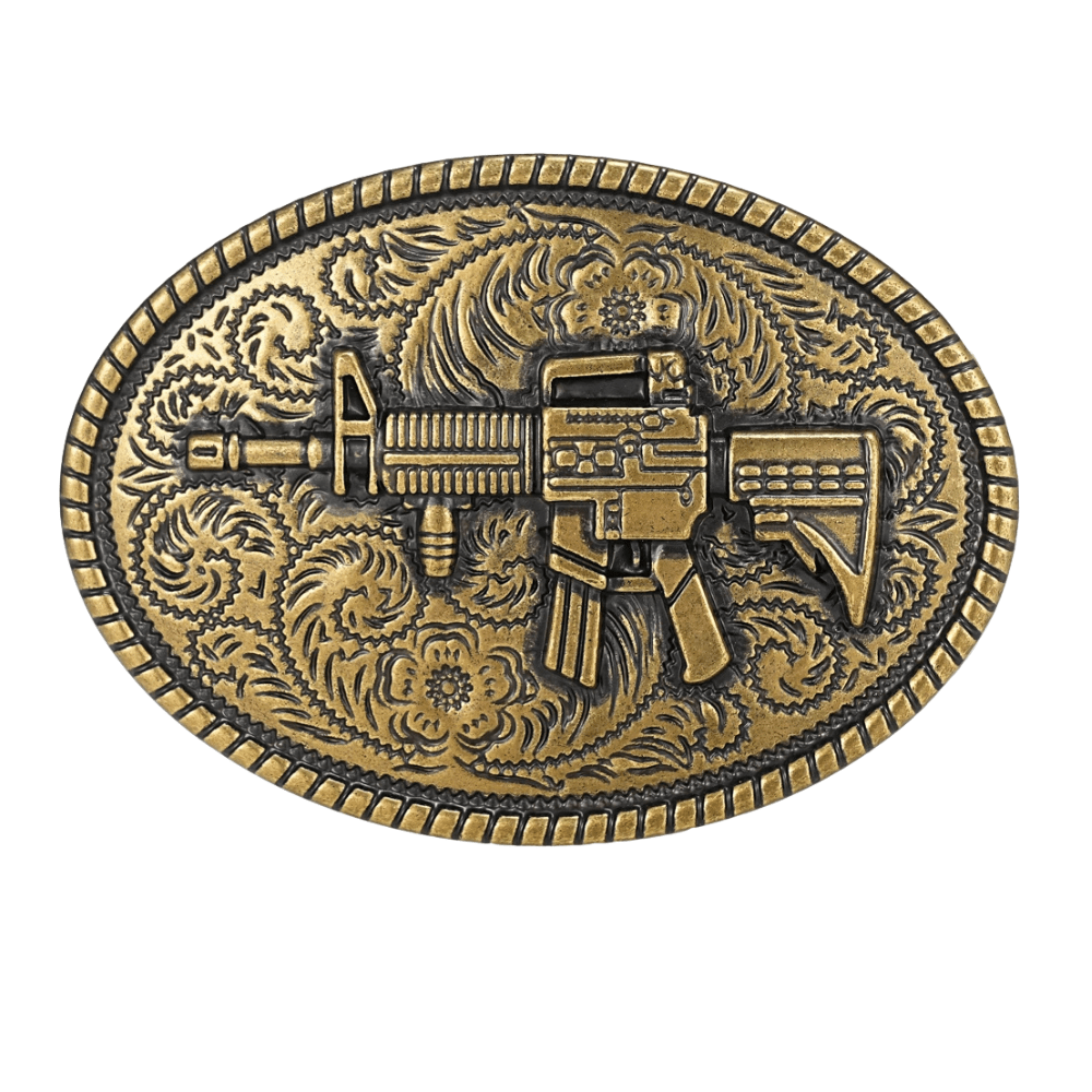 Bältespänne western i antik metall med symbolmotiv Gevär