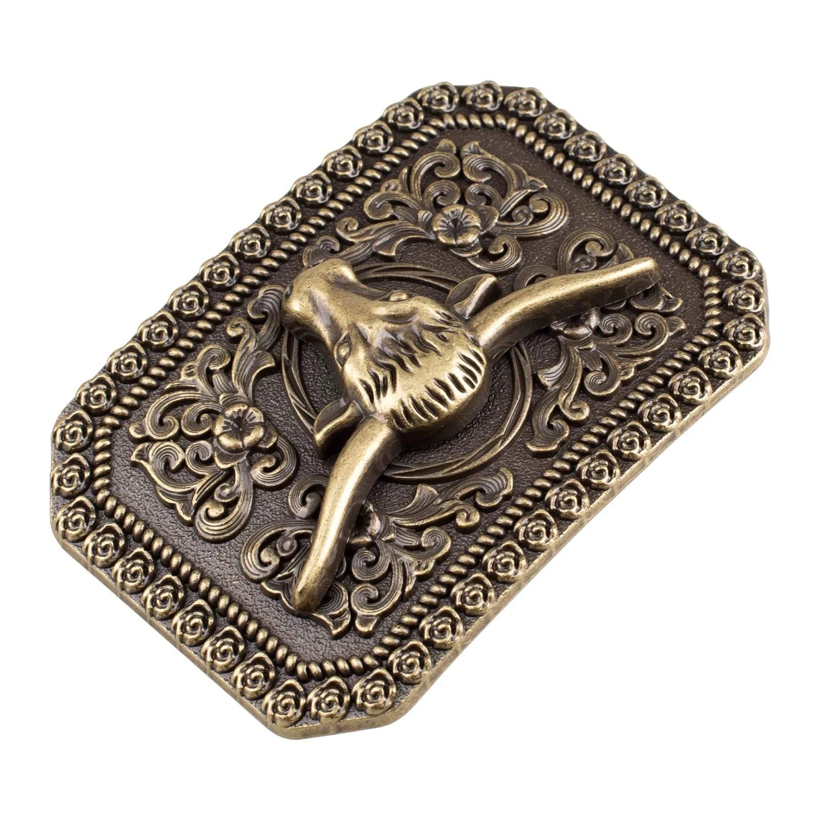 Bältesspänne Longhorn med Rosor och Blomgravyr Antik Brons Antikbrons