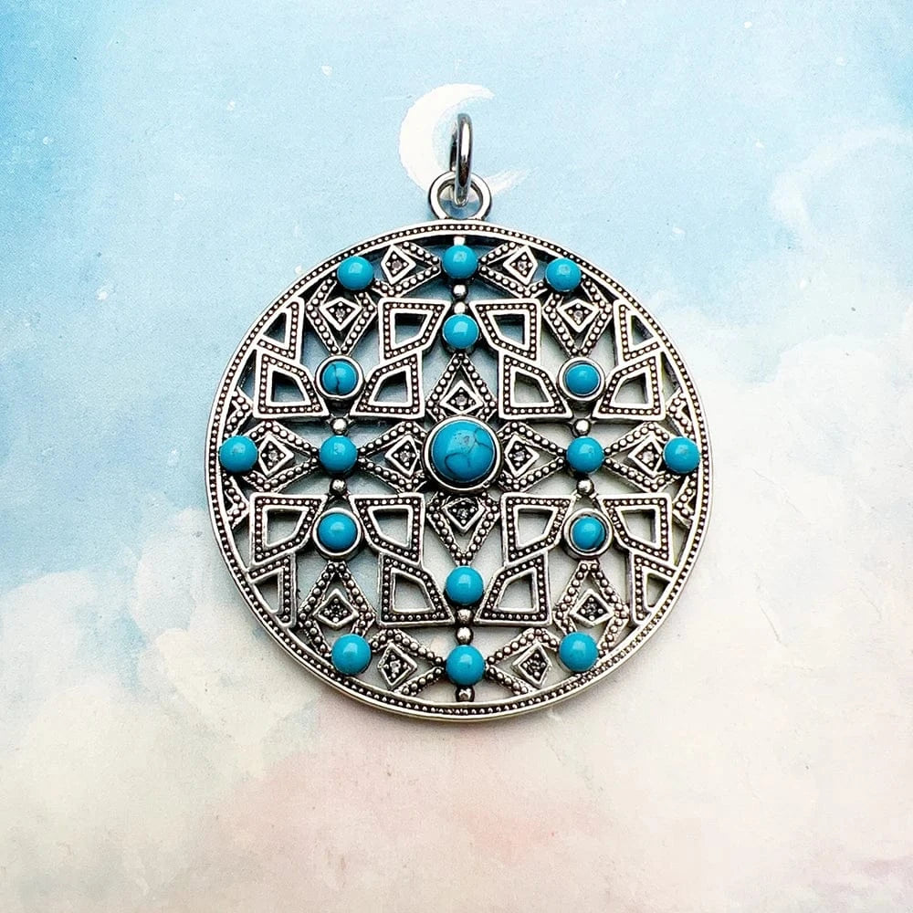 Blue Stone Round Ornament Pendant Brand New Jewelry Vintage 925 Sterling Silver Accessories Gift For Women