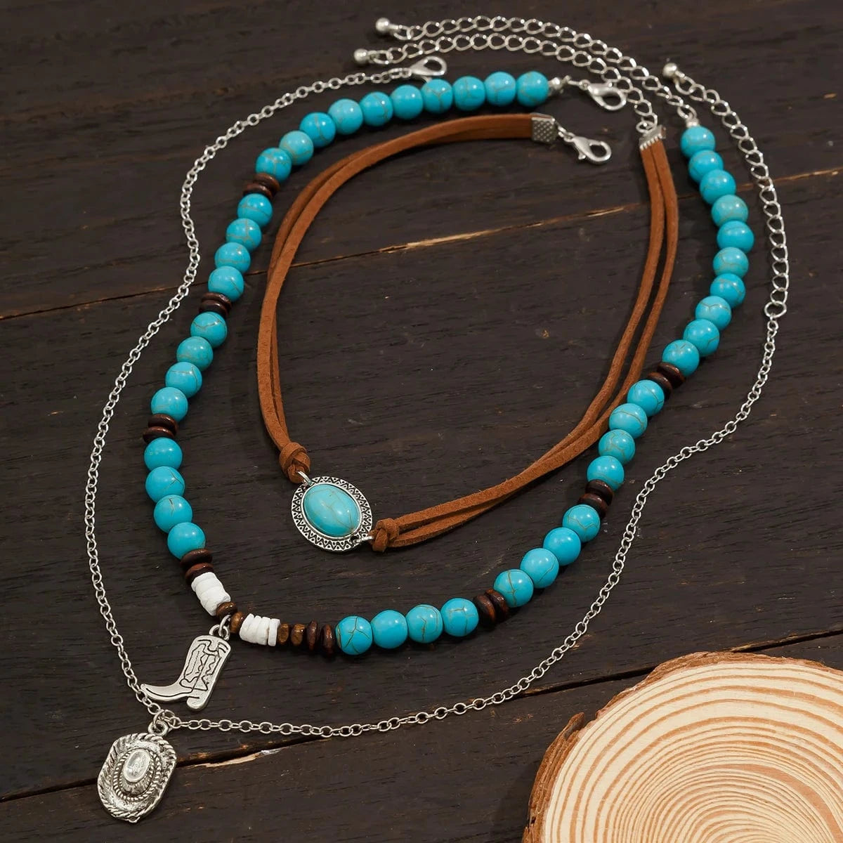 Bohemiskt lager-på-lager halsband med turkos Stil med 3st