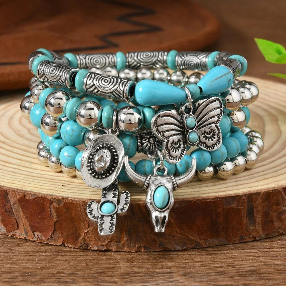 Boho Läderarmband med Turkosa Pärlor och Berlocker Stil 5st turkos