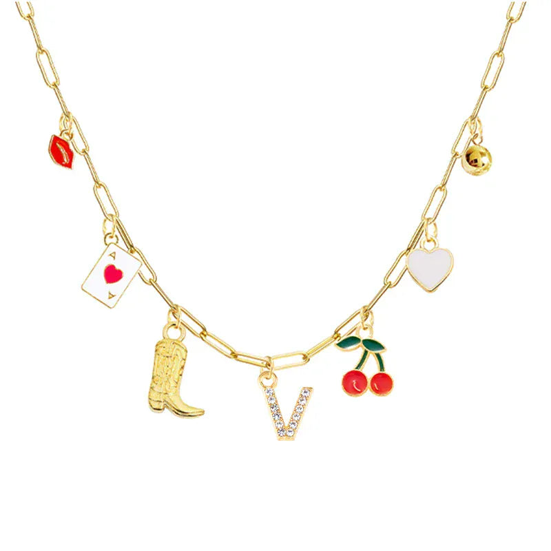 Boho Red Lips Cherry Heart Letter Charm Necklace Gold Plated Boots Crystal Initials Necklaces Cowgirl Beach Jewelry V