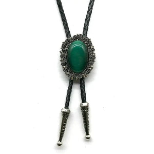 Bolo tie i äkta läder med vintageblomma och steninfattning Grön