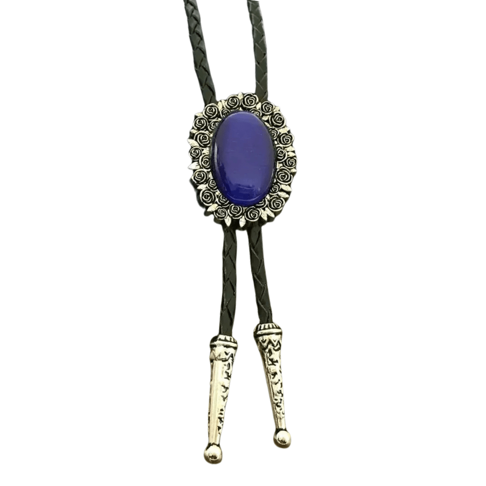 Bolo tie i äkta läder med vintageblomma och steninfattning Mörk lila