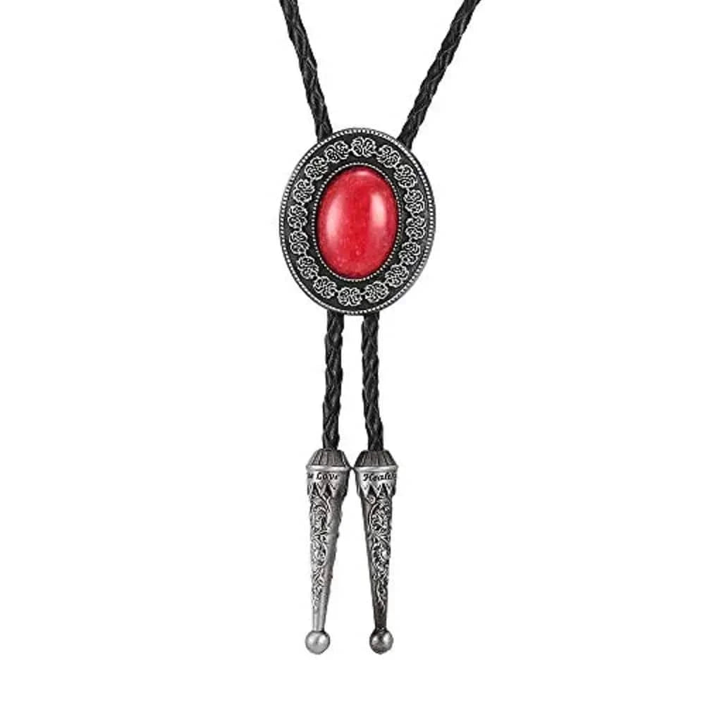 Bolo tie i läder med natursten Röd