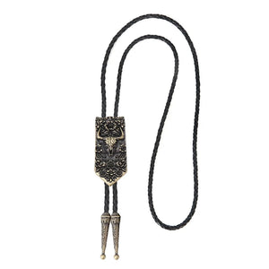 Bolo tie i läder med oxskalle och blommönster