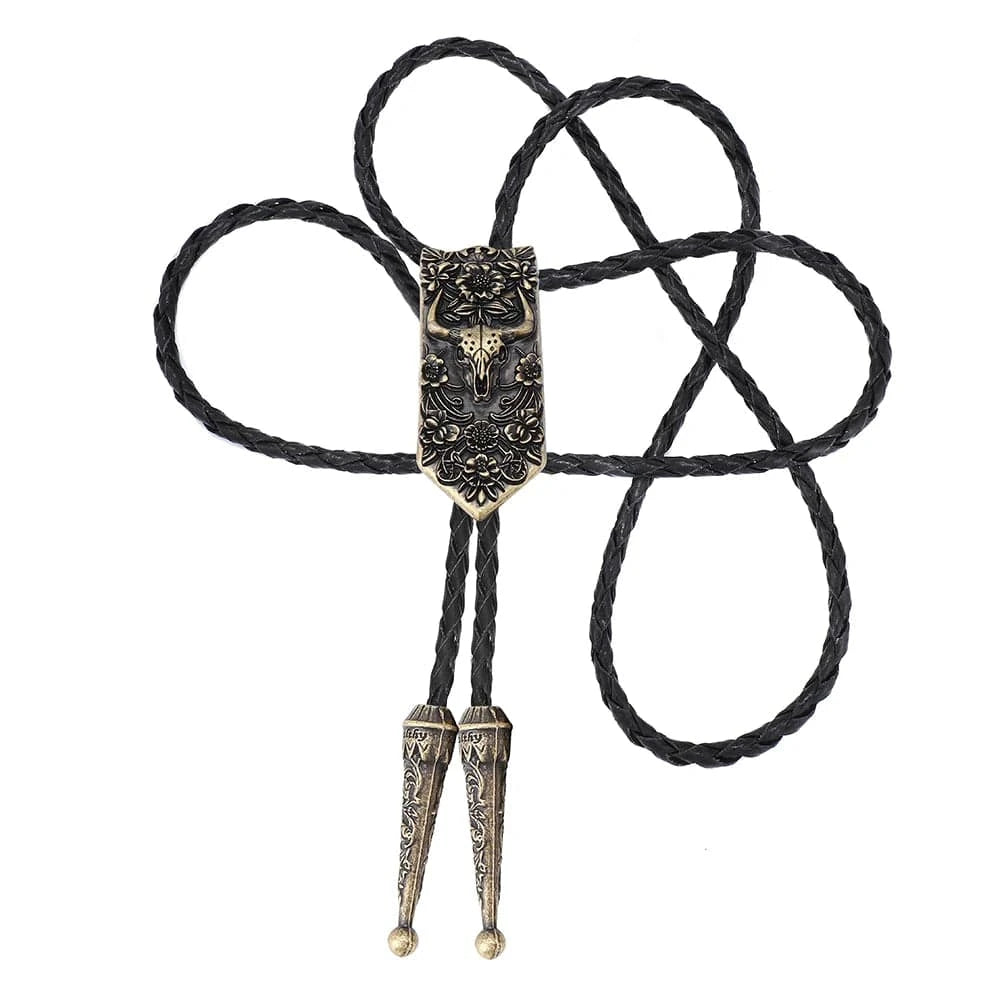 Bolo tie i läder med oxskalle och blommönster Antikbrons