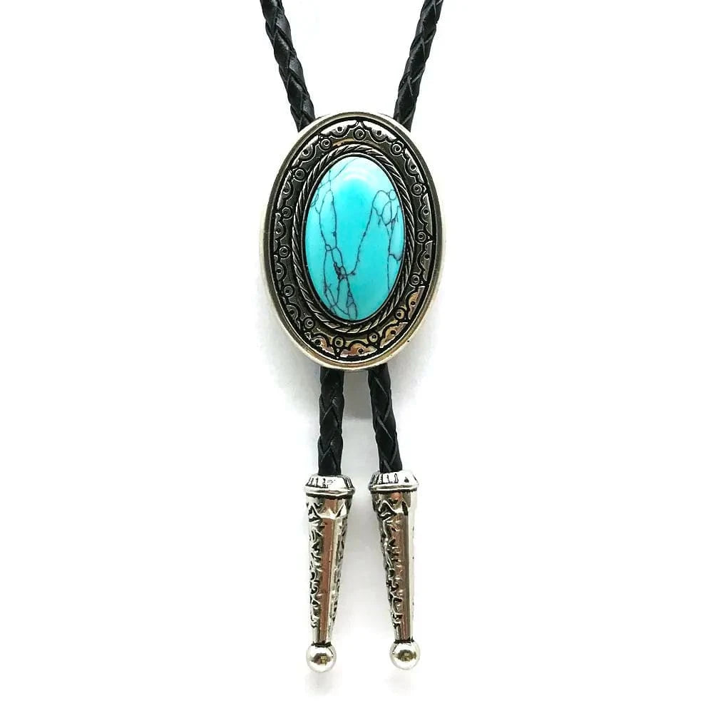 Bolo tie med oval sten och flätat läderband Turkosblå