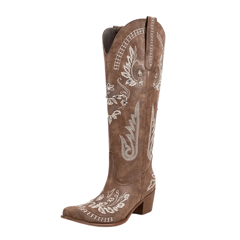 Broderade Cowgirl Boots i Mocka Brun / 35
