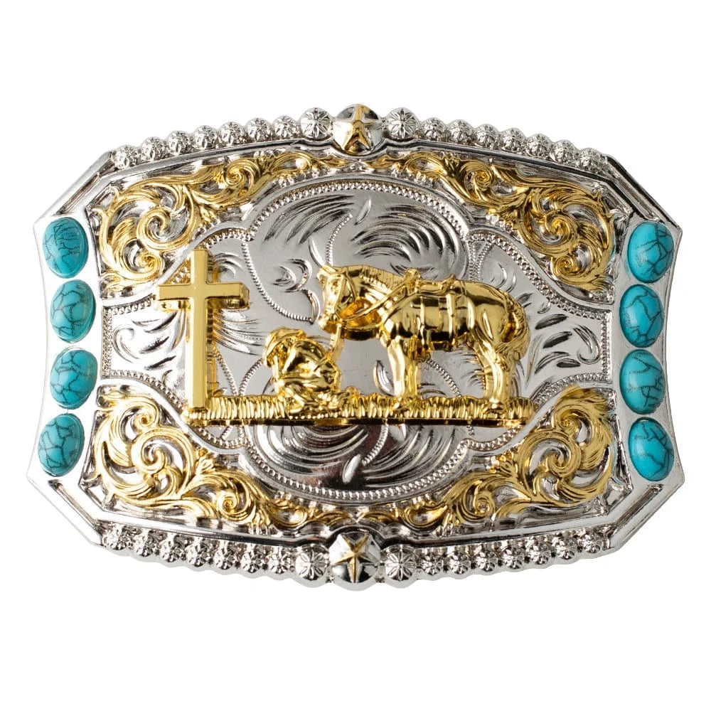 Cowboy-bältespänne med häst i guld och turkoser Kors och häst