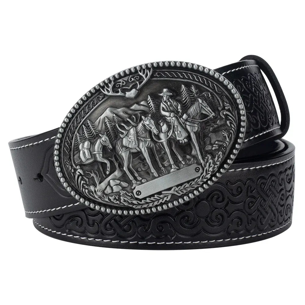 Cowboybälte i läder westernspänne Silver Svart / 90cm