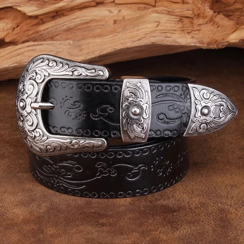 Cowboybälte i Präglat Läder med Tjockt Stålspänne