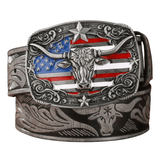 Cowboybälte med amerikansk flagga och Tjurspänne Silver svart / 120cm