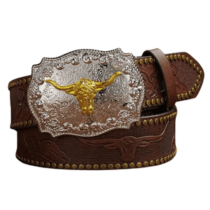 Cowboybälte med gyllene tjurhuvud Mörkbrun / 120cm