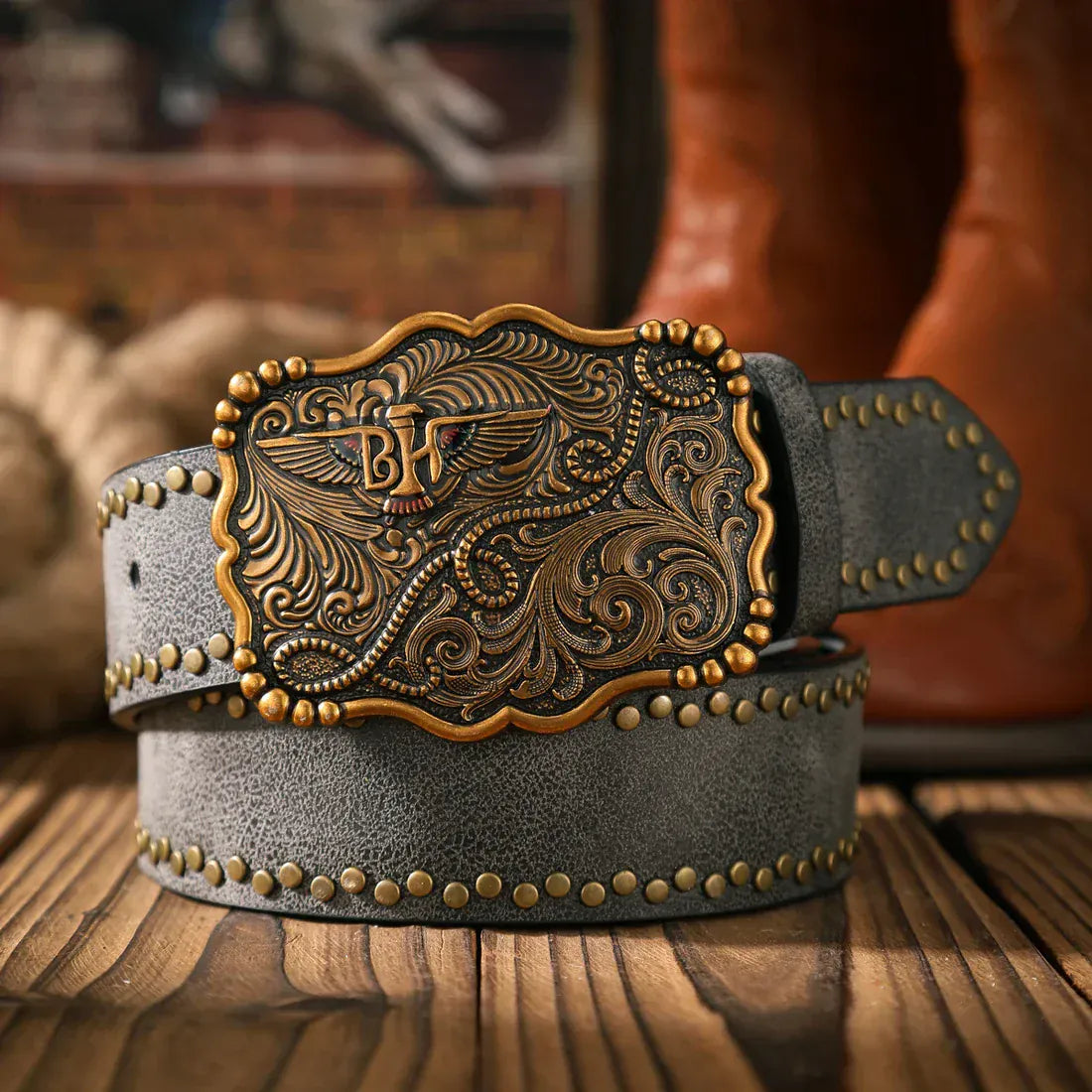 Cowboybälte med vintage spänne Svart Guld / 120cm