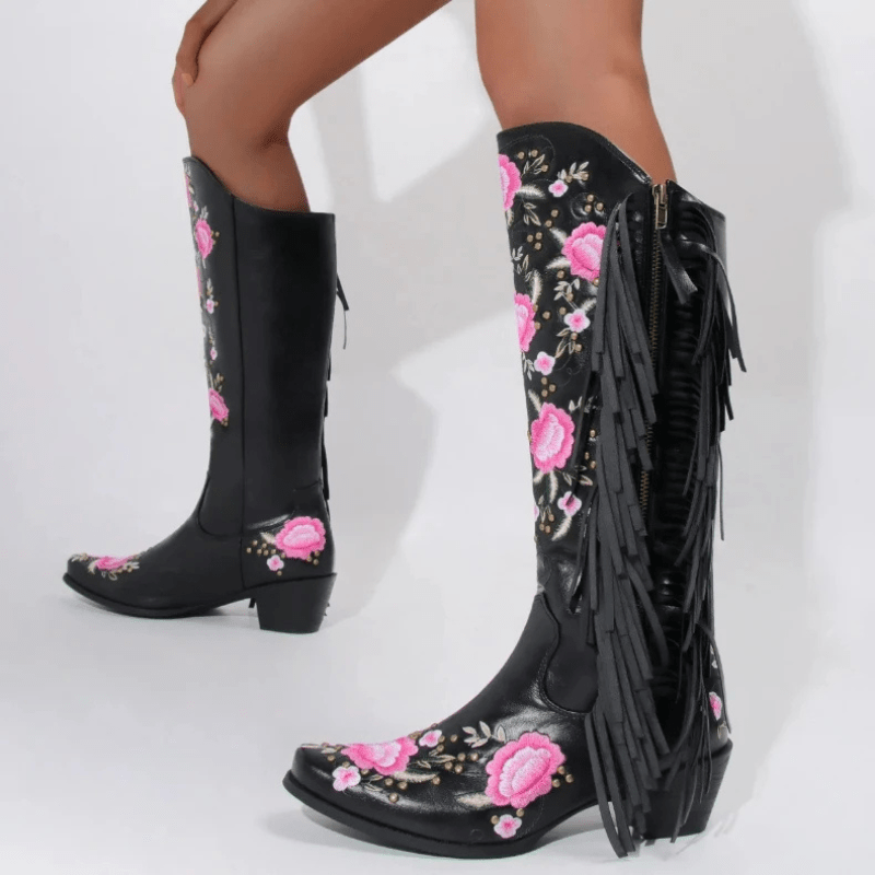 Cowboyboots med blombroderi och fransar