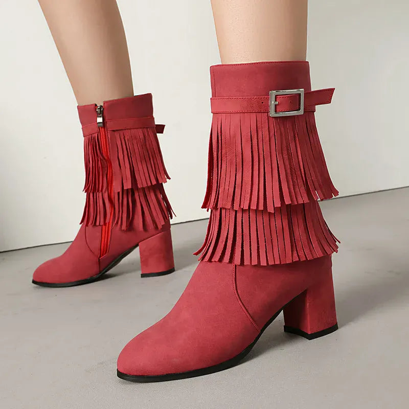 Cowboyboots med fransar och blockklack