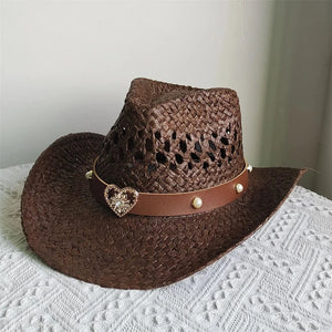 Cowboyhatt i halm med hjärta Mörkbrun
