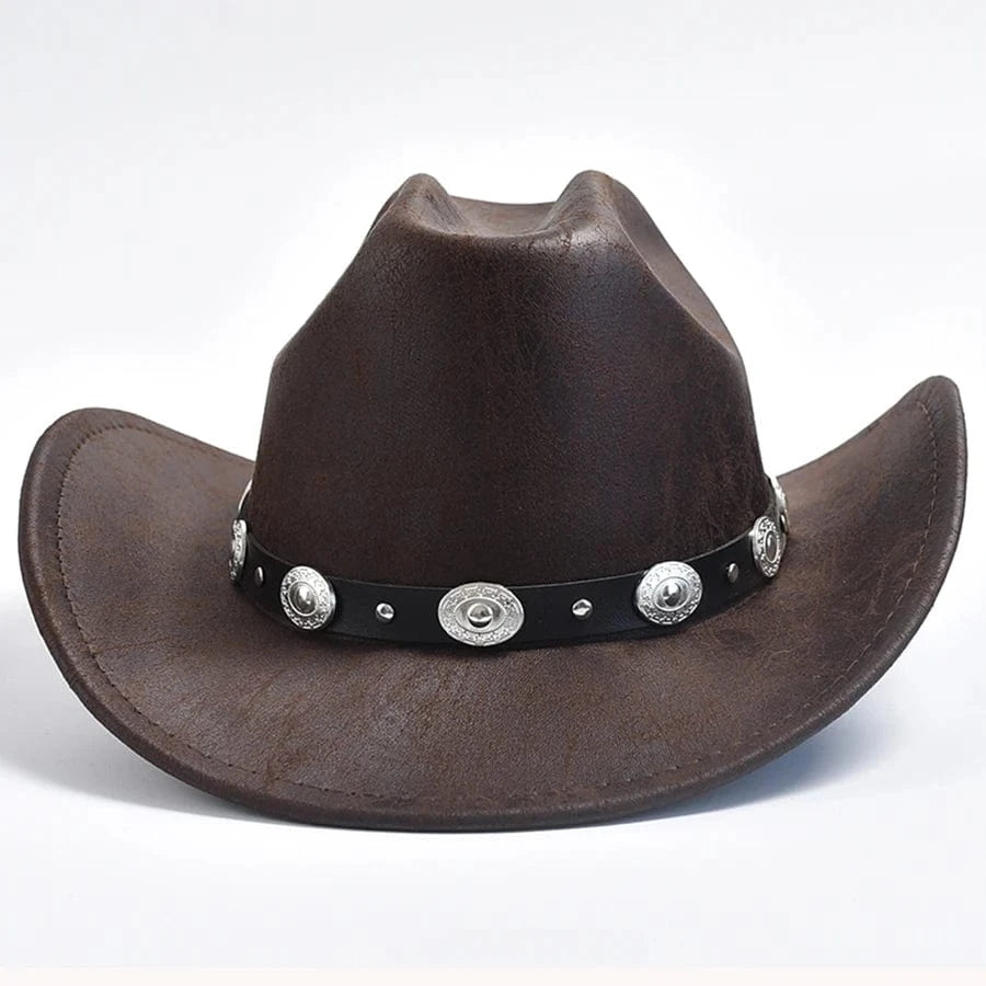 Cowboyhatt i mörk läderlook med silverdekorationer Mörkbrun / One Size