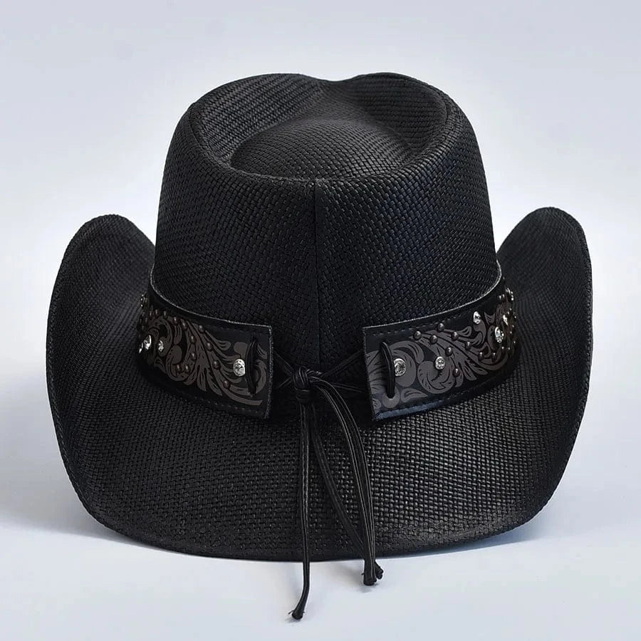 Cowboyhatt i svart flätad halmlook med hjärtspänne Svart / One Size