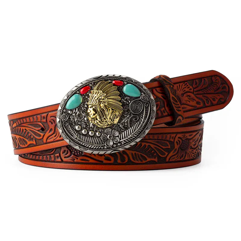Cowboyläderbälte Indianhuvudspänne