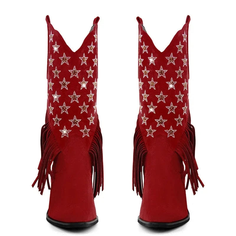 Cowgirl Boots med Amerikansk Flagga och Fransar