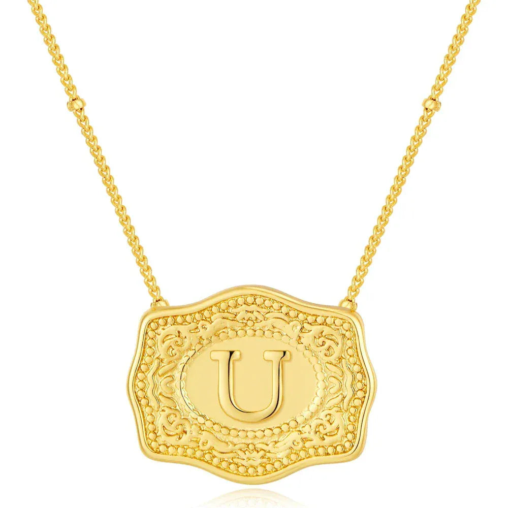 Embossed Belt Buckle Pendant Necklace for Men Punk Jewelry Gold Color A-Z Initial Letter Necklaces Women Western Jewelry Gift U / Silver / CHINA
