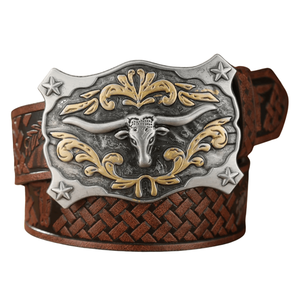 Herr­ cowboybälte longhornspänne Mörkbrun/Silver / 120cm