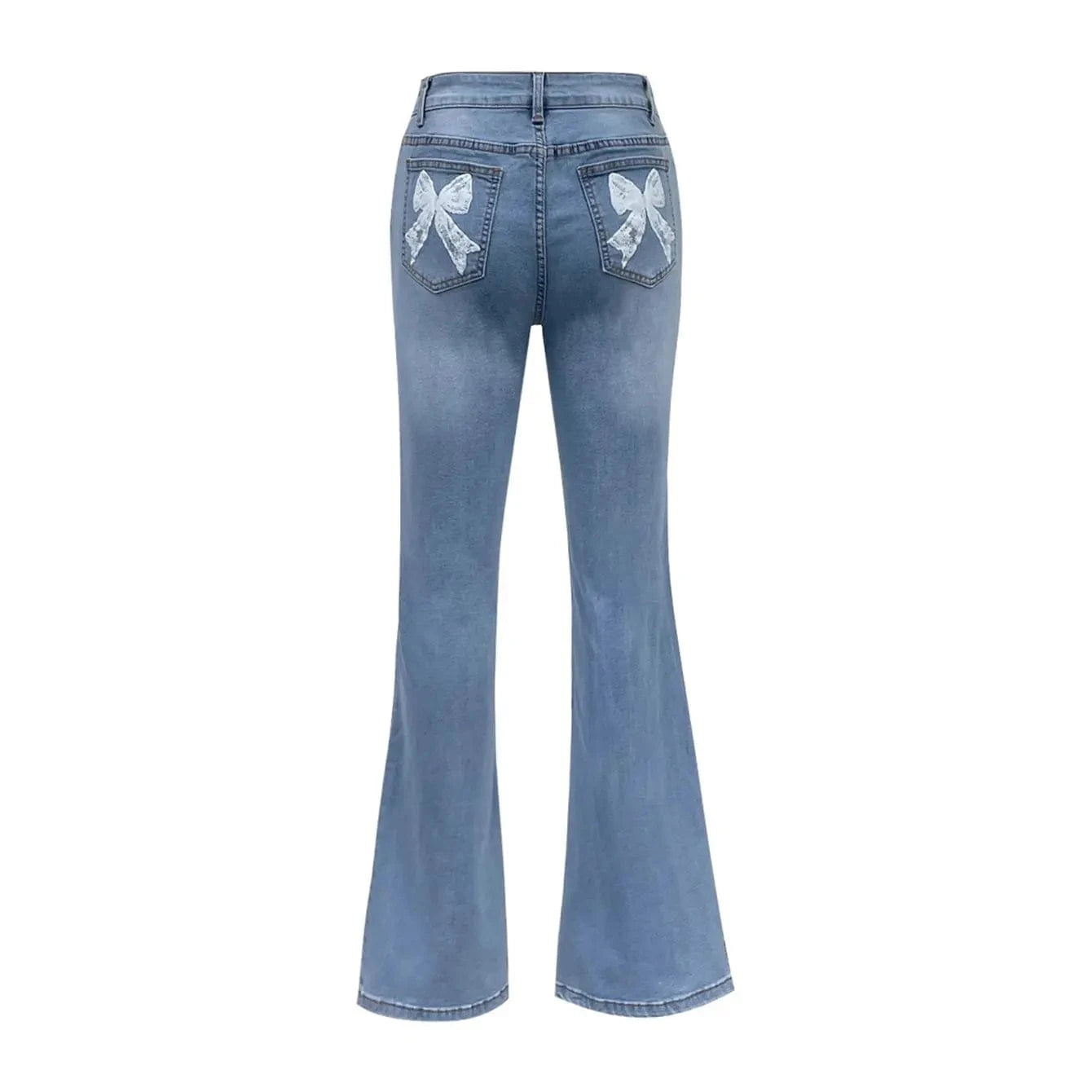 Högmidjade blå flare jeans med rosett-broderi för dam