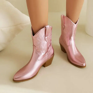 Låga cowboyboots i glänsande läderlook med broderi